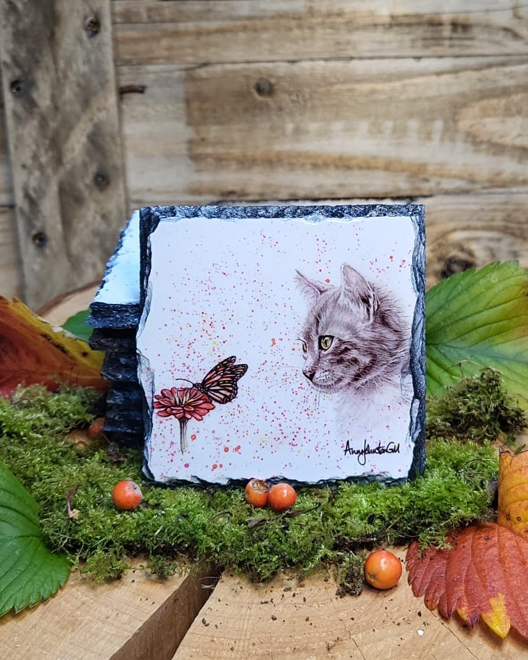 Cat and Butterfly slate coaster