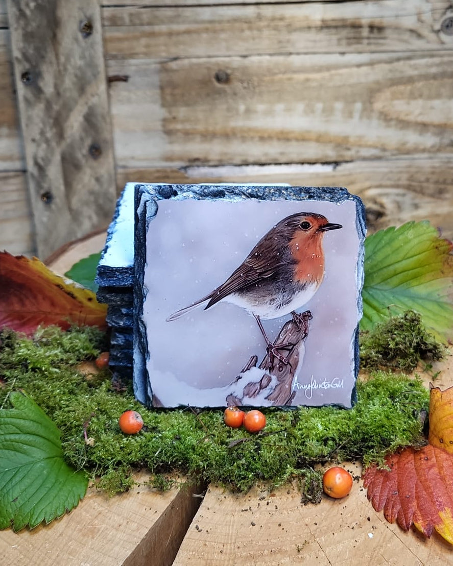 Snow robin slate coaster