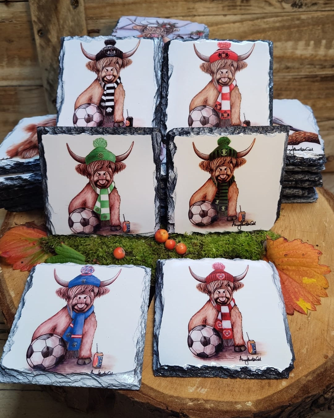 Football fan cow slate coaster