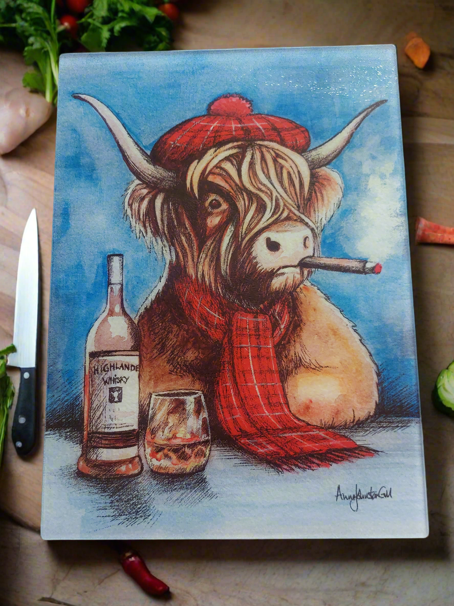 "Night in the pub" cow Glass Cutting Board