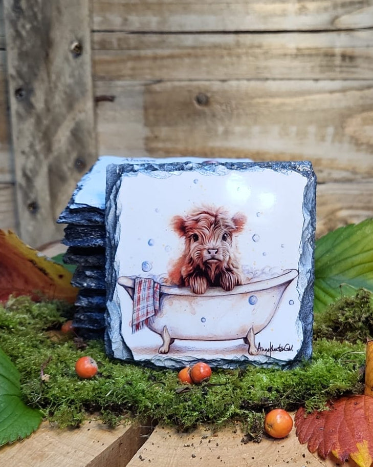 Baby cow in bath slate coaster